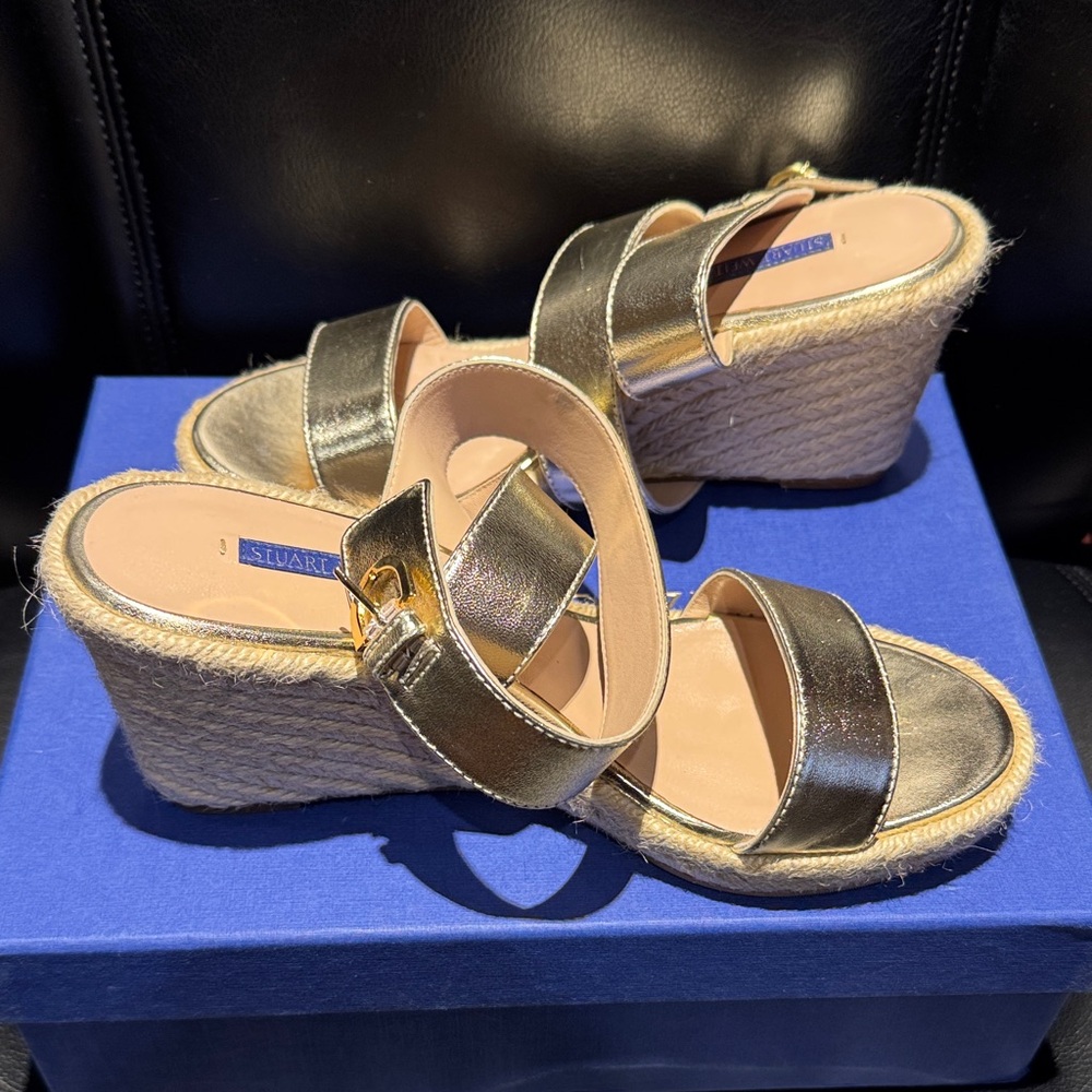 Stuart Weitzman Metallic Gold Espadrille Wedge Sandals